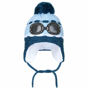 Gebreide Wintermuts - Blauw met Pompon - Oorflappen met Koord