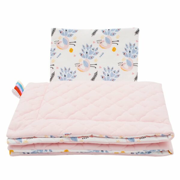 Babydeken en Kussen Set - Roze met Pauwenprint