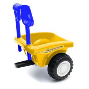 Gele speelgoedtractor met aanhanger en schep