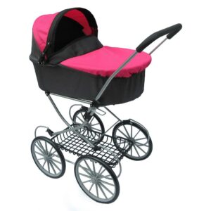 Retro poppenwagen zwart met roze kap