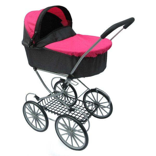 Retro poppenwagen zwart met roze kap