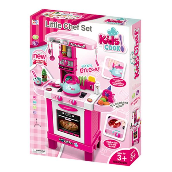 Roze en Witte Speelgoedkeuken met Theeset en Gereedschap - Afbeelding 4