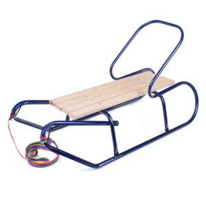 Metalen slee 87 cm blauw met rugleuning en trekkoord