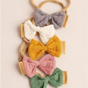 Hoofdband - Lichtbruin - Grijsblauwe strik - Label met New Baby in het rood