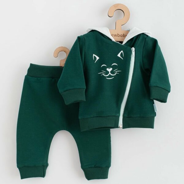 Babykleding - 2-delige set - Donkergroene hoodie met kattenprint