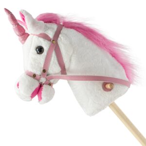 Nia - Stokpaard Eenhoorn - Pluche Wit Paardenhoofd - Met Wielen